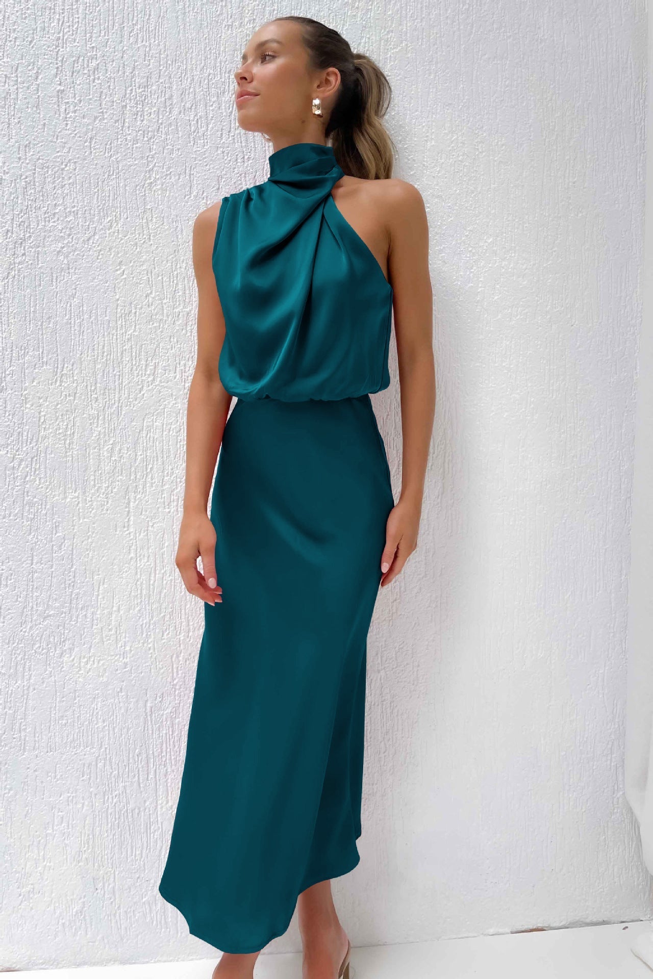 Carlina | Long satin halterneck dress