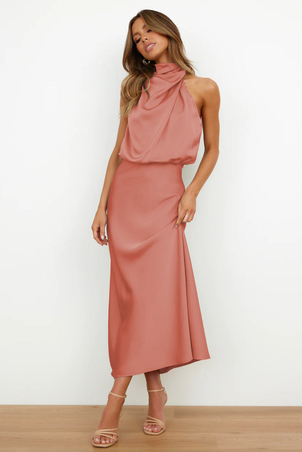 Carlina | Long satin halterneck dress