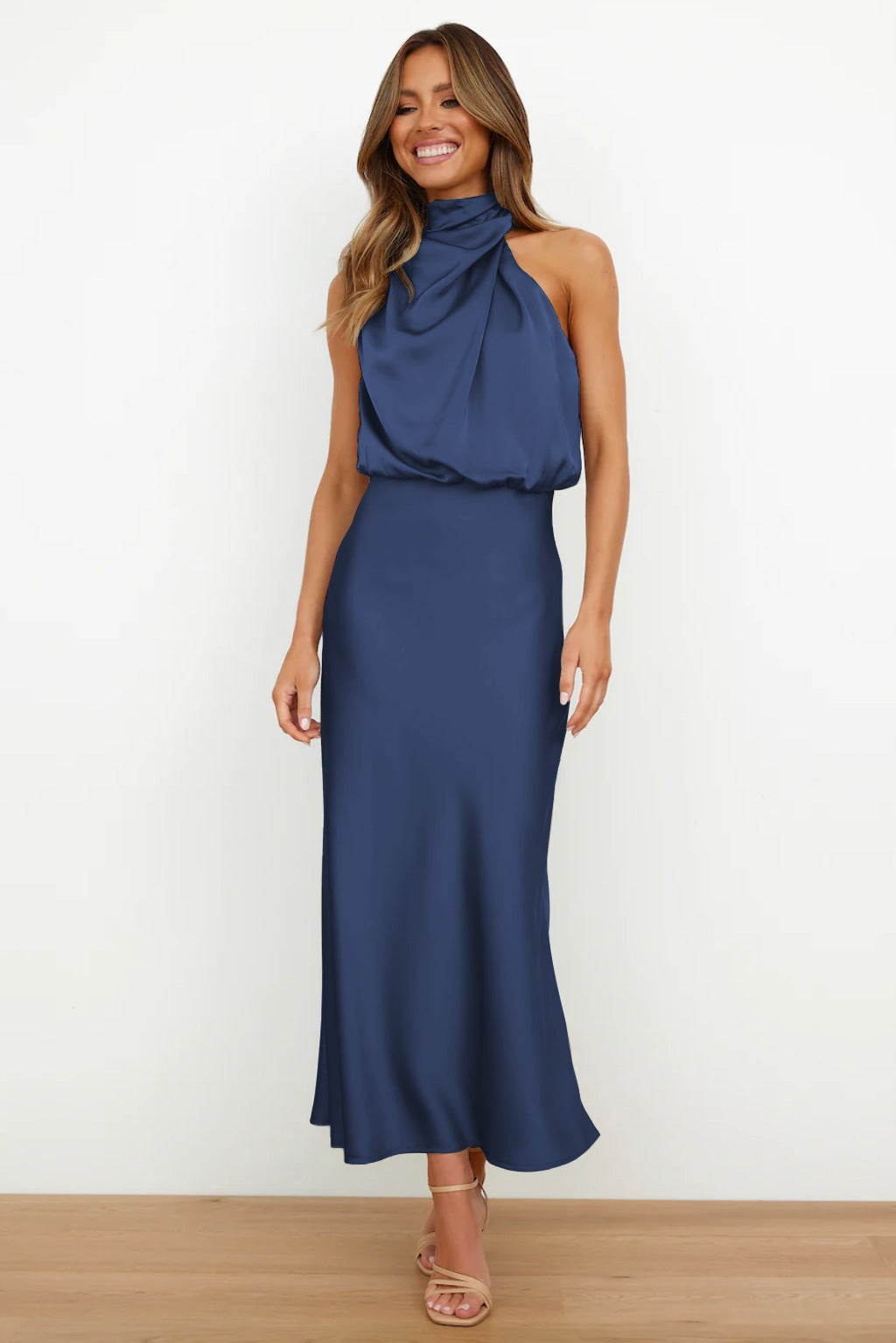 Carlina | Long satin halterneck dress