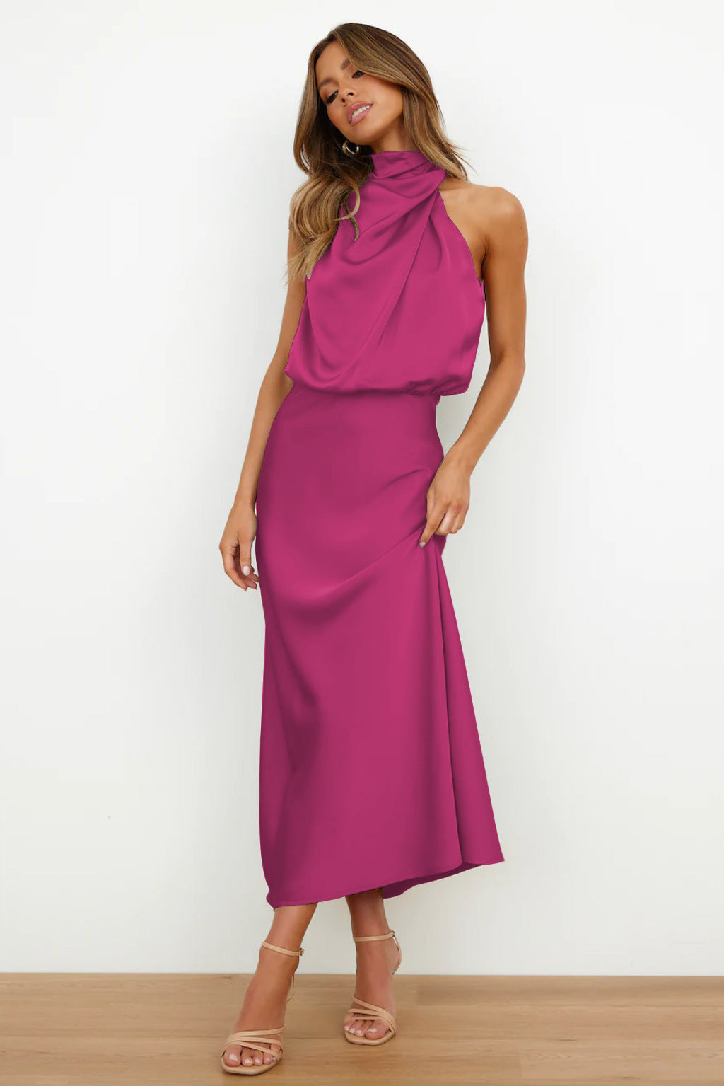 Carlina | Long satin halterneck dress